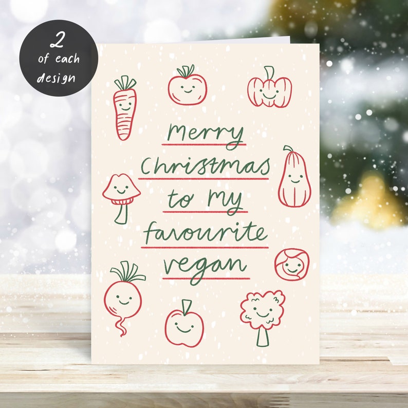 Vegan Themed Mixed Pack of 10 Christmas Cards and Envelopes, 5 Different Designs. image 6