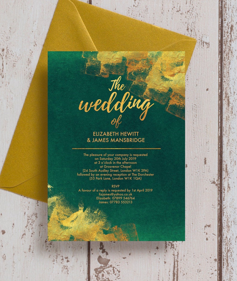 Personalised Emerald Green and Gold Wedding Invitation & RSVP Etsy