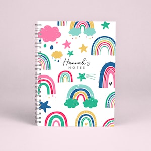 Cuaderno diseño personalizado arco iris, A5 floral nota libro, cuaderno de maestros, trabajadores clave, niños, niños regalo de cumpleaños Reino Unido