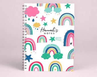 Notebook Personalised Rainbow Design, A5 Floral Note book, Teachers notebook, Key Workers, Kids, Childrens Birthday Gift UK