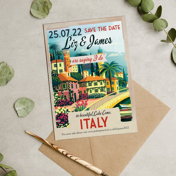 Italie Ville Port Vintage Destination Carte Postale Mariage Save the Date Cartes et Enveloppes