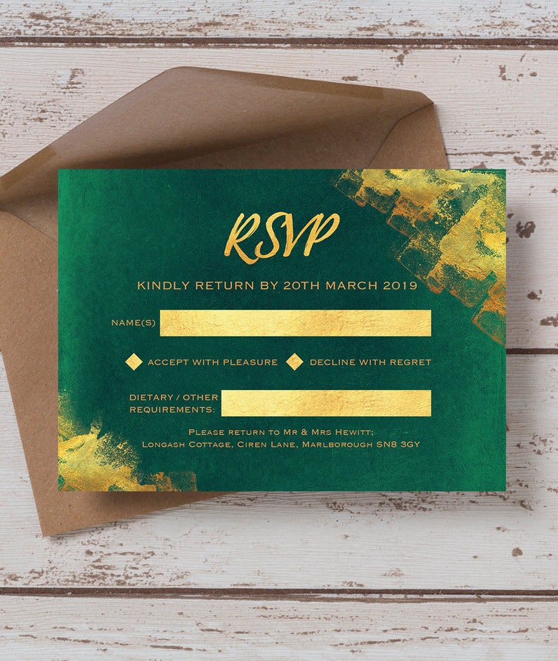 Personalised Emerald Green and Gold Wedding Invitation & RSVP Etsy