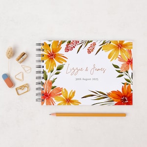 Personalised-Wedding Day-Guest Book-Visitors-Message-Book-Orange Flowers-Autumn Floral- Autumnal-Tropical Flower-Keepsake Book-Scrapbook