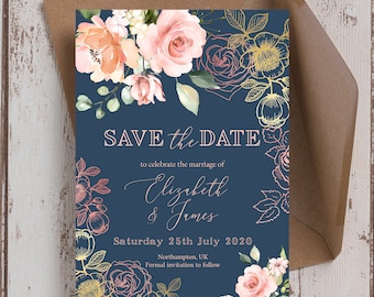 Navy, Blush en Rose Gold Wedding Save the Date-kaarten en -enveloppen