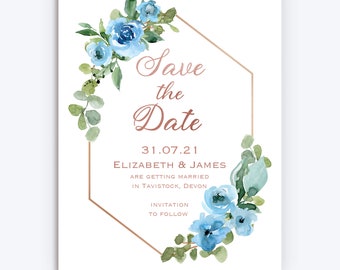 Blue and Copper Floral Personalised and Printed  Wedding Save the Date cards & Envelopes