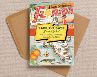 Retro Florida Beach Destination Wedding Save the Date Cards and Envelopes