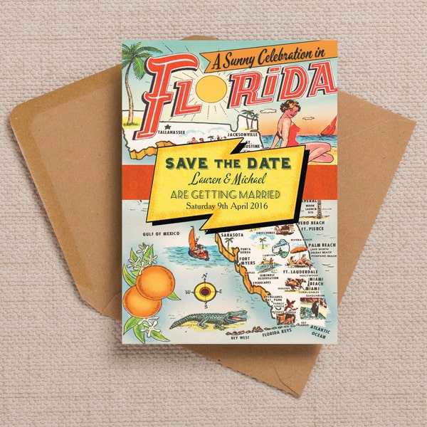 Retro Florida Beach Destination Wedding Save the Date Cards and Envelopes