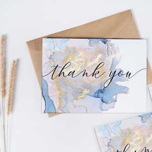 Pack of 10 Pastel Blue & Gold Marbled Ink Thank you / Note cards with Envelopes