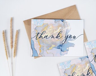 Pack of 10 Pastel Blue & Gold Marbled Ink Thank you / Note cards with Envelopes