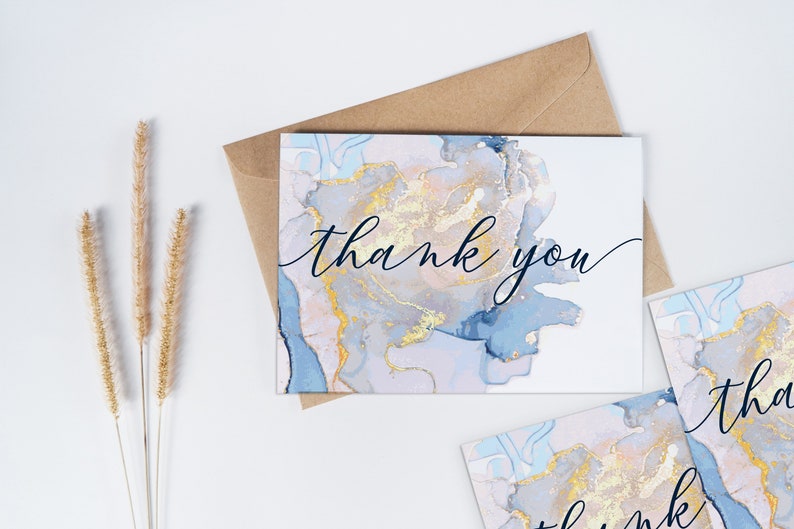 Pack of 10 Pastel Blue & Gold Marbled Ink Thank you / Note cards with Envelopes image 1