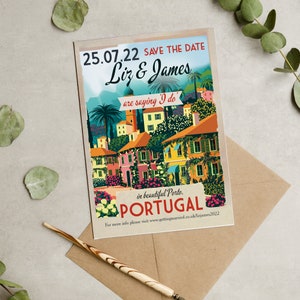 Portugal, Portuguese, Vintage Destination Postcard Wedding Save the Date Cards and Envelopes