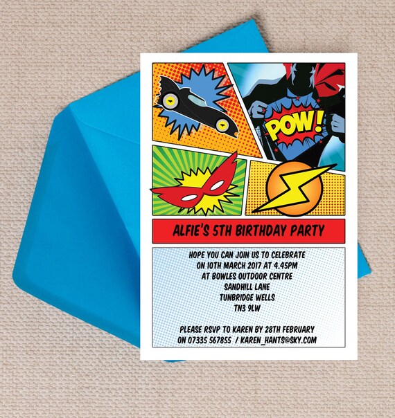 envelope KIDS GREY CUTE SUPERHEROES Personalised Birthday Party Invitations A6