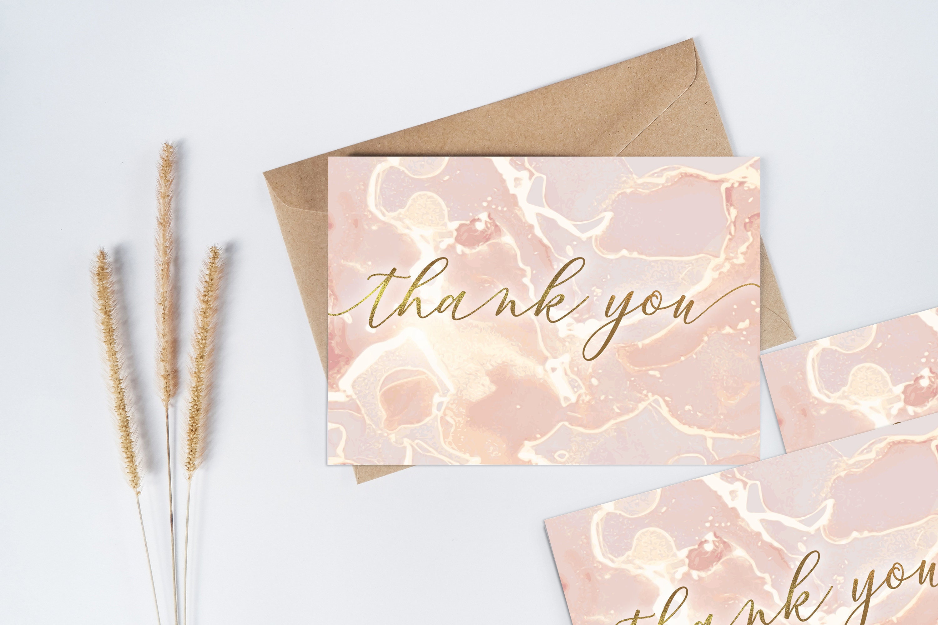 Pack of 10 Pastel Blush Pink & Rose Gold Marbled Ink Thank you / Note…