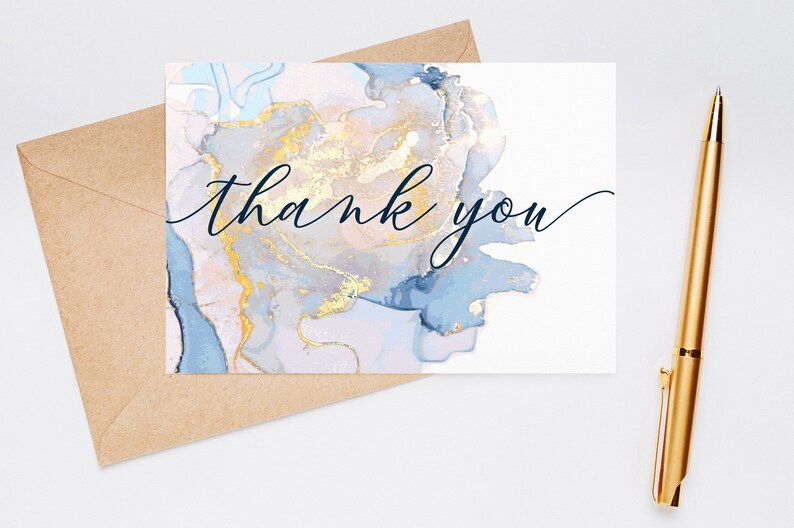 Pack of 10 Pastel Blue & Gold Marbled Ink Thank you / Note cards with Envelopes Flat