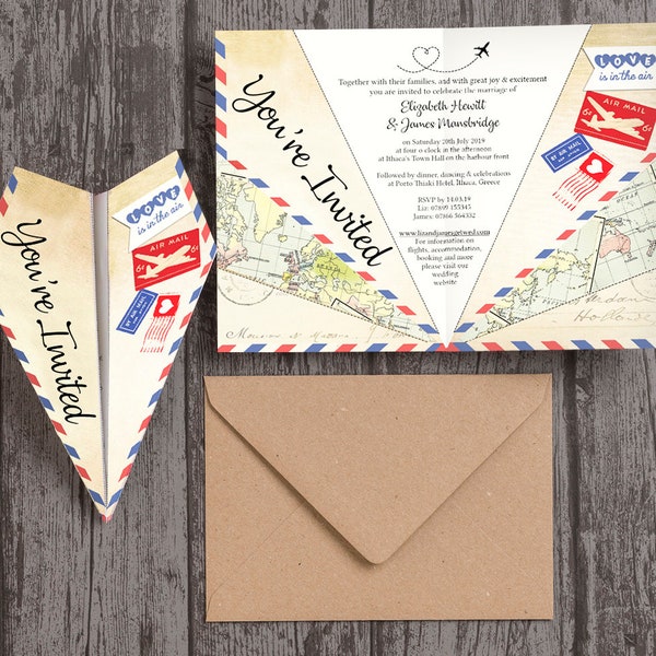 Vintage Airmail Wedding Invitation Paper Airplane & Envelopes