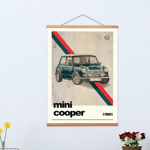 Mini Cooper Canvas Print and Wooden Hanger, Gift for Dad, Classic Mini Cooper Poster, Car poster, Classic Car Print, Boys room Wall Art