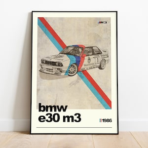 BMW E30 M3 Print, Gift for Dad, Car poster, BMW Wall art, Classic Car Print, Boys room décor, man cave poster, 80&#39;s, Classic BMW Art print