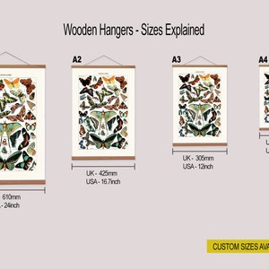May include: Four different sizes of wooden hangers with butterfly illustrations. The sizes are labeled A1, A2, A3, and A4. The measurements are listed in inches and millimeters. The text "Custom sizes available, please ask" is at the bottom of the image.
