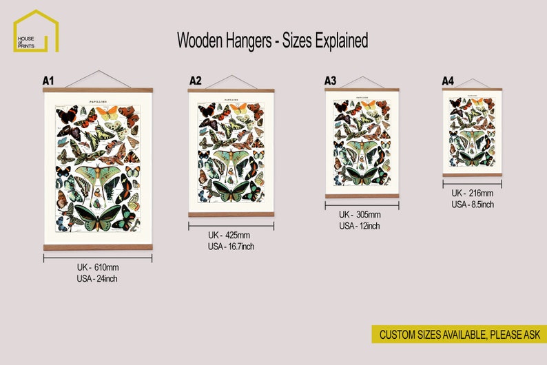 May include: Four different sizes of wooden hangers with butterfly illustrations. The sizes are labeled A1, A2, A3, and A4. The measurements are listed in inches and millimeters. The text "Custom sizes available, please ask" is at the bottom of the image.