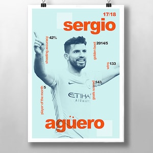Sergio Aguero Print, Bedroom Decor for Boys, Football poster for TV Room Games Room, Modernist Typography Print, Children Bedroom Art