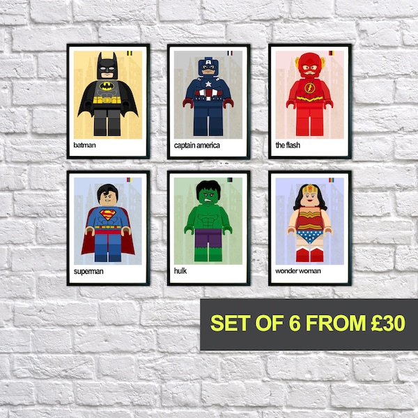 Superhero Wall Art Set, Set of 6 prints, Superhero Wall Art for Kids Bedroom, Childrens Wall Art, Superhero Posters for Nursery