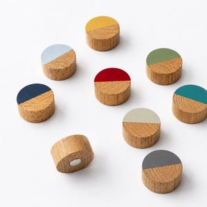 Könnte beinhalten: Eine Sammlung von neun runden Holzmagneten, die jeweils eine Basis aus natürlicher Holzmaserung und eine flache, einfarbig bemalte Oberseite aufweisen. Die Farben umfassen Gelb, Hellblau, Rot, Dunkelblau, Olivgrün, Petrol, Hellgrau und Dunkelgrau.
