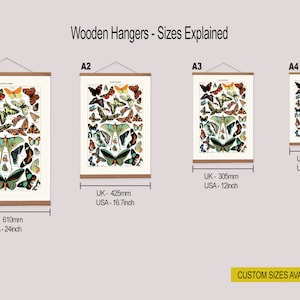 May include: Four different sizes of wooden hangers with butterfly illustrations. The sizes are labeled A1, A2, A3, and A4. The measurements are listed in inches and millimeters. The text "Custom sizes available, please ask" is at the bottom of the image.