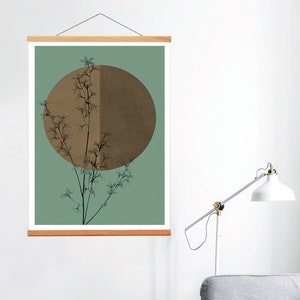 May include: A minimalist art print featuring a stylized branch with delicate white flowers against a muted green background. A large brown circle is partially overlapping the branch, creating a modern and abstract design.