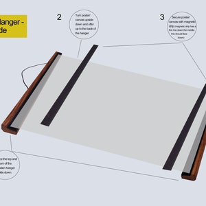 May include: A wooden poster hanger with a magnetic strip to secure the poster. The hanger is shown with a poster inside, and the instructions for hanging the poster are shown in three steps.