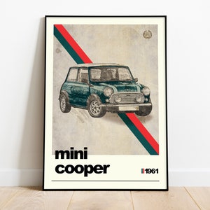 Impression Mini Cooper, cadeau pour papa, affiche de voiture, affiche Mini Cooper, impression de voiture classique, décor de chambre de garçons, affiche des cavernes de l'homme, impression d'art Mini classique