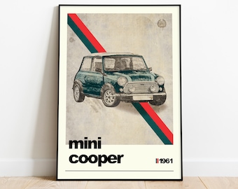 Mini Cooper Print, Gift for Dad, Car poster, Mini Cooper Poster, Classic Car Print, Boys room décor, man cave poster, Classic Mini Art print