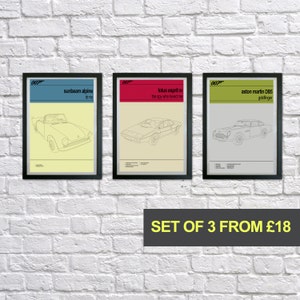 James Bond prints, Bond Cars Set of 3 prints, 007 poster print, Mid Century Modern, Typography Print, Childrens Bedroom Art, Gift for Him