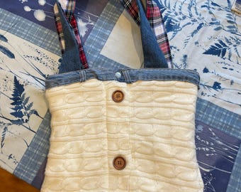 Knitted shoulder bag made from repurposed baby sleep sack