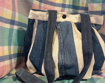 Shoulder bag made from repurposed denim and damask