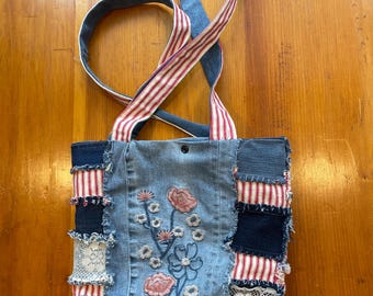 Shoulder bag made from repurposed jeans