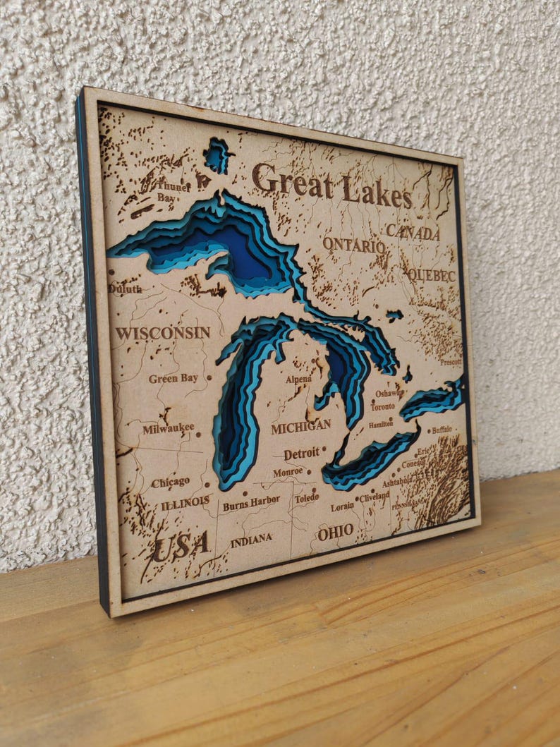 Square Digital 3D Map of the Great Lakes,7 Layer Panel, Great Lakes