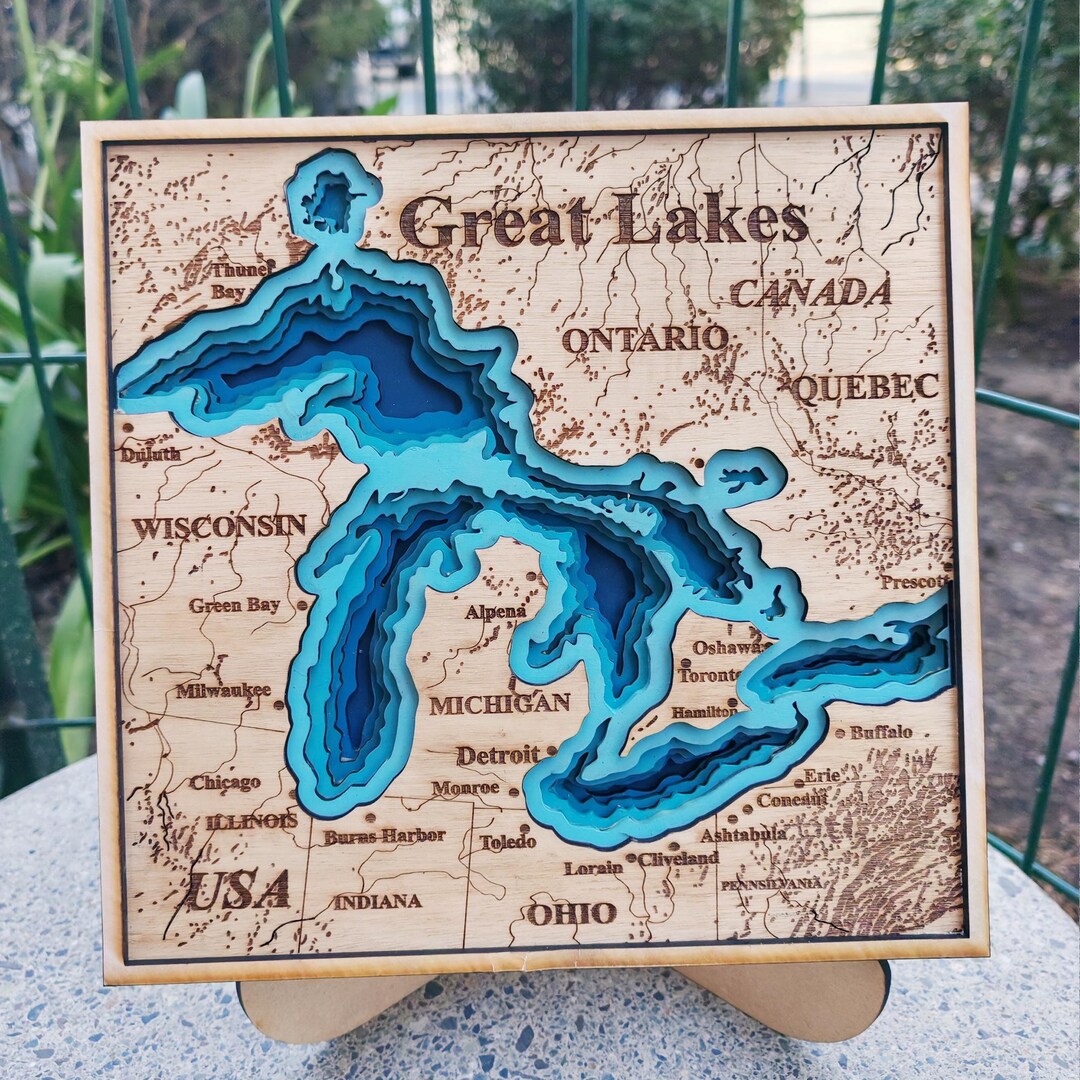 Square Digital 3D Map of the Great Lakes,7 Layer Panel, Great Lakes
