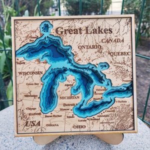 Mapa digital 3D cuadrado de los Grandes Lagos, panel de 7 capas, archivo cortado con láser de los Grandes Lagos, mapa de madera 3D de los Grandes Lagos, arte de mapa, regalo para un amante de los viajes