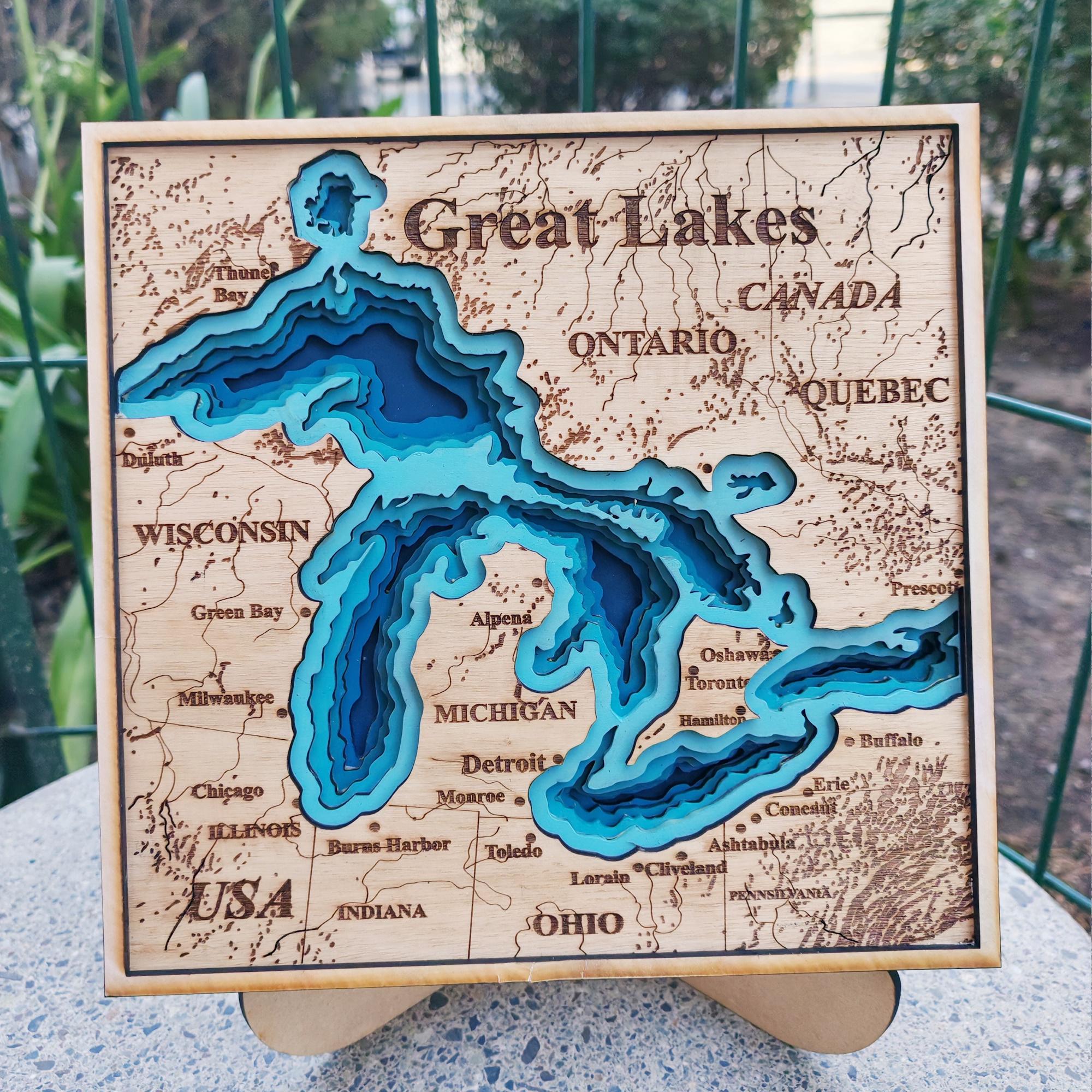 Square Digital 3D Map of the Great Lakes,7 Layer Panel, Great Lakes