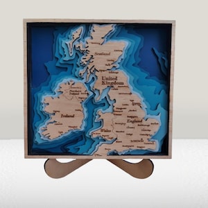 Mapa digital 3D cuadrado del Reino Unido, panel de 7 capas, archivo cortado con láser, mapa de madera 3D del Reino Unido, regalo para amantes de los viajes.