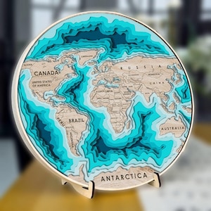 Digitale 3D-wereldkaart, paneel met 7 lagen, lasergesneden bestand, 3D-wereldkaart van hout, kunstkaart, cadeau voor een reisliefhebber, bonuspaneelklok
