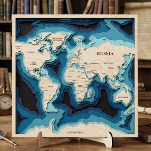 Digital Square 3D map of the world, 6 layer panel, laser cut file, 3D Wood World Map ,Wall decor, Gift for a travel lover, Bonus panel-clock
