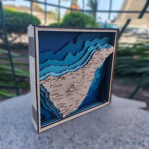 Digitale 3D-Schattenbox, Inselkarte von Teneriffa, 6-lagiges Panel, lasergeschnittene Datei, 3D-Holzkarte der Insel Teneriffa, Wanddekoration, digitale Karte von Teneriffa