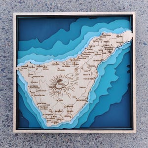 Mapa digital 3D cuadrado de la isla de Tenerife, panel de 6 capas, archivo cortado con láser, mapa de la isla de Tenerife de madera 3D, decoración de pared, mapa digital de Tenerife