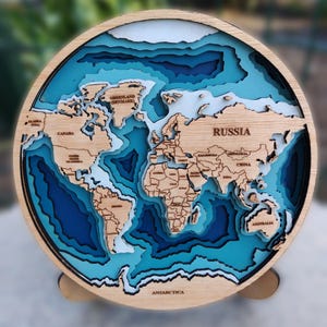 Digitale 3D-wereldkaart, 6-laags paneel, lasergesneden bestand, 3D-wereldkaart van hout, wanddecoratie, cadeau voor een reisliefhebber, bonuspaneelklok