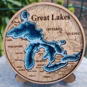 Mapa digital 3D de los Grandes Lagos, panel de 6 capas, archivo cortado con láser, mapa de madera 3D de los Grandes Lagos, decoración de pared, mapa digital de Michigan, mapa 3D de los Grandes Lagos