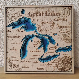 Mapa digital 3D cuadrado de los Grandes Lagos, panel de 7 capas, archivo cortado con láser de los Grandes Lagos, mapa de madera 3D de los Grandes Lagos, arte de mapa, regalo para un amante de los viajes