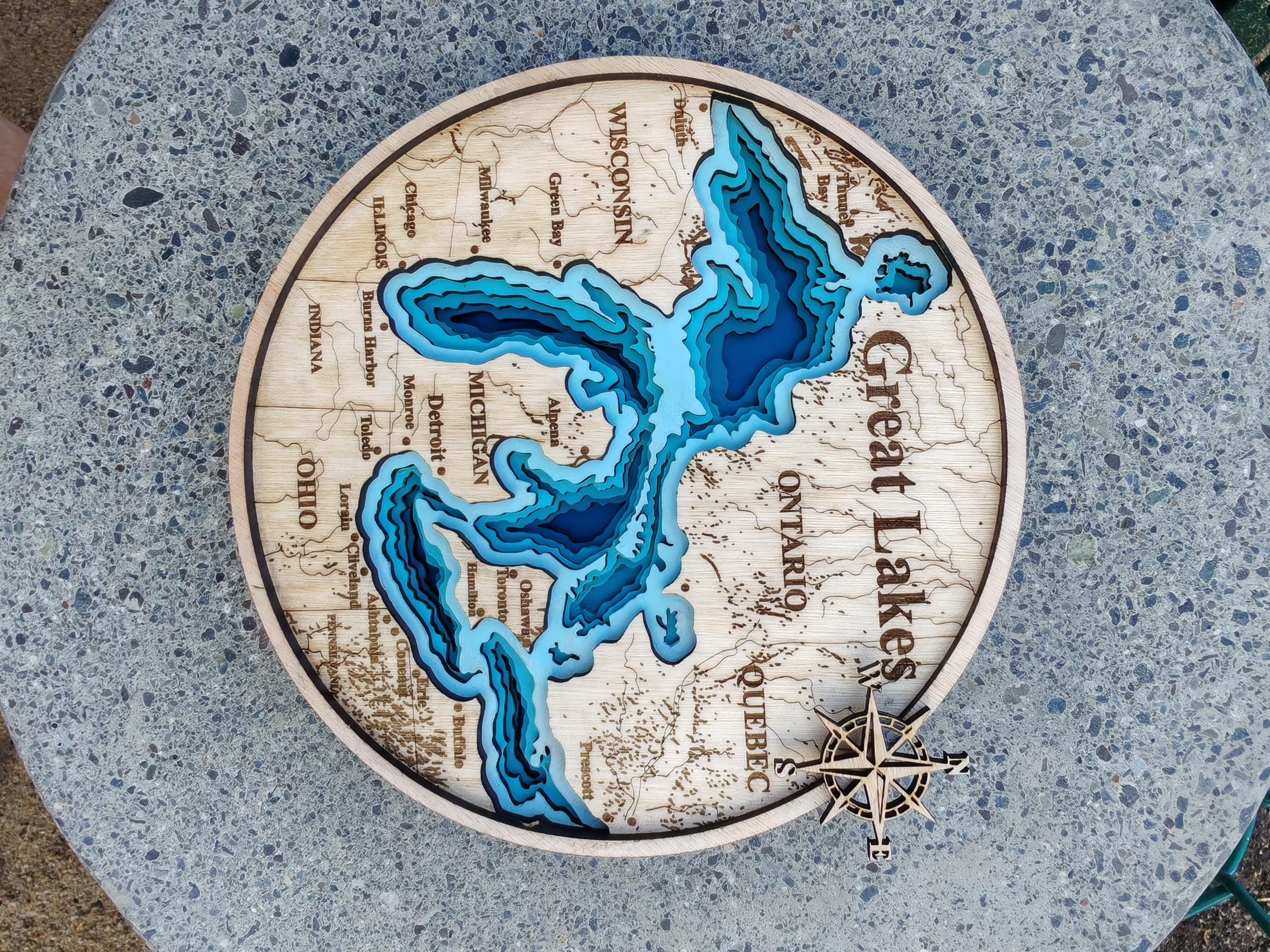 Digital 3D Map of the Great Lakes, 6 Layer Panel, Laser Cut File,3d