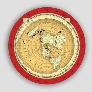 May include: A circular wall clock with a flat earth map design. The clock face has a beige background with continents and oceans. A red outer ring displays Roman numerals and the word "ANTARCTIC".