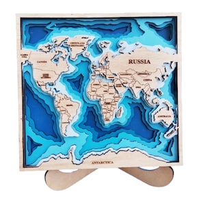 Digitale vierkante 3D-wereldkaart, 6-laags paneel, lasergesneden bestand, 3D-wereldkaart van hout, wanddecoratie, cadeau voor een reisliefhebber, bonuspaneelklok